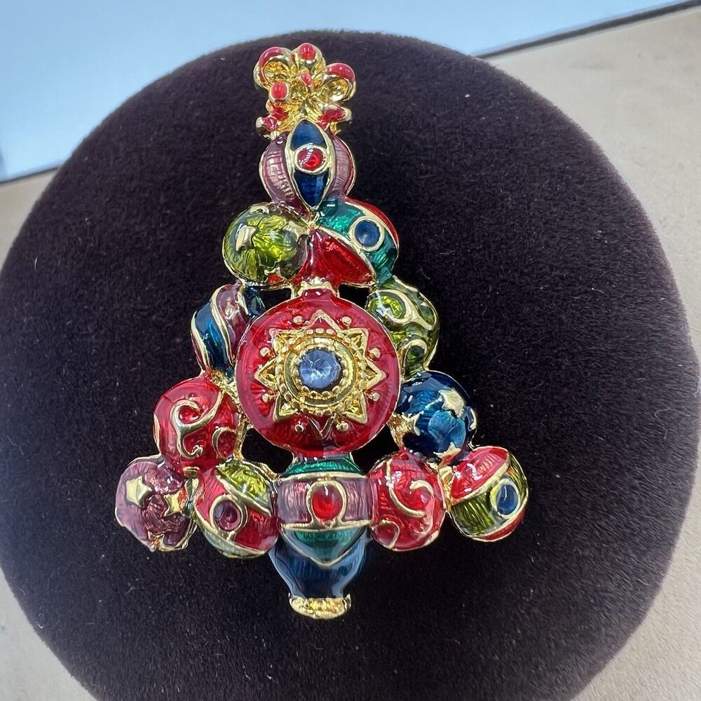 Vintage Christmas Tree Christopher Radko Enamel Rhinestone Pin Brooch Signed - Picture 3 of 9